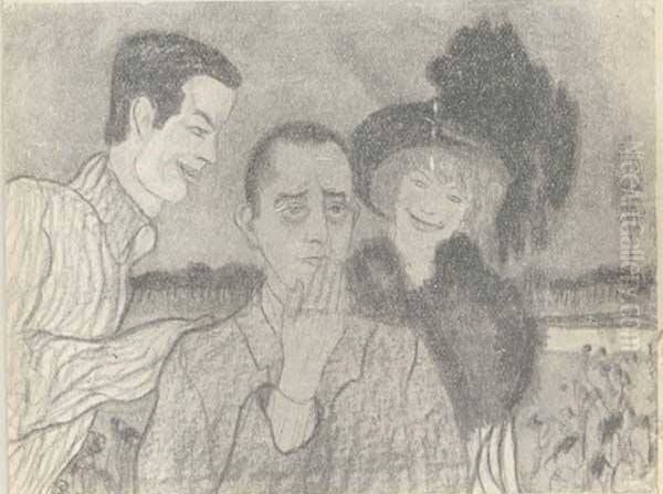 Three figures in a meadow landscape - view 1