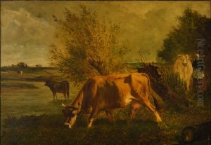 Vache paissant pres d'une riviere bordee de saules