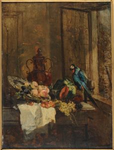 Nature morte et perroquet pres d'une fenetre ouverte by Philippe Rousseau