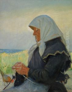 Strikkende fiskerkone i klitterne.(2) by Michael Peter Ancher