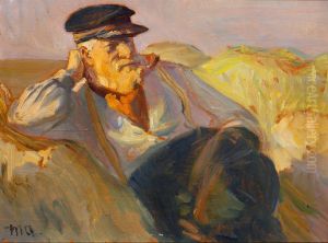 A fisherman of Skagen resting in the dunes. by Michael Peter Ancher