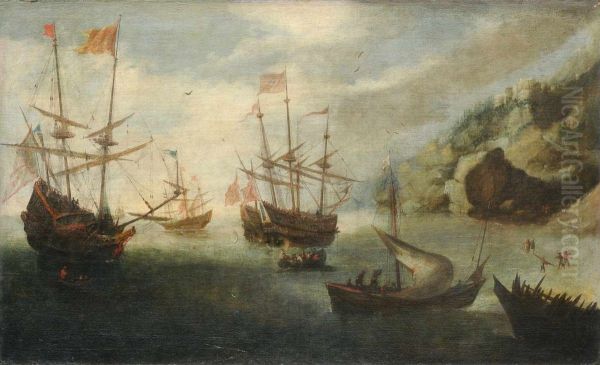 Mediterranean coastal landscape with sailing ships - view 1