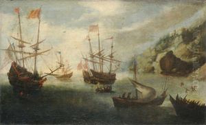 Mediterranean coastal landscape with sailing ships