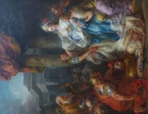 Tomyris, reine des Massagetes, fait tremper la tete de Cyrus dans un vase de sang by Jean-Simon Berthelemy
