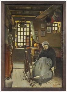Femme filant dans un interieur by Louis Gregoire