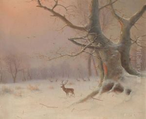 Stags in a winter landscape.