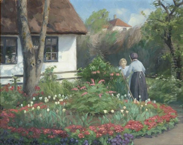 A summerday in the garden. Two women talking at the garden gate. - view 1