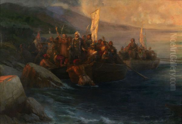 The Disembarkation of Christopher Columbus with Companions on Three Launches, on Friday 12th October 1492, At Sunrise, on an American Island Named San Salvador by Him on the Very Same Day - view 1