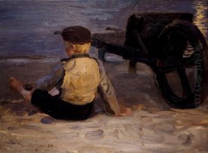 Fiskerdreng siddende ved en hjulbor. Skagen Sonderstrand by Peder Severin Kroyer