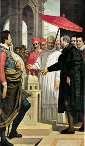 Michelangelo shows to Pope Pius IV the model for St Peter's Basilica by Domenico Passignano