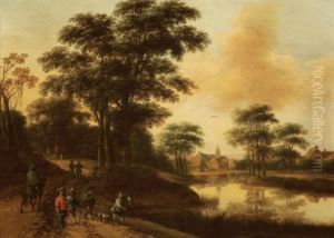 A hunting party near a lake, a village in the distance by Pieter van Asch
