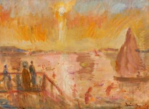 Balaton Landscape with Sailboat by Bela Ivanyi-Grunwald