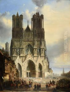 La facade de la Cathedrale de Reims avec une procession medievale et un cortege au premier plan