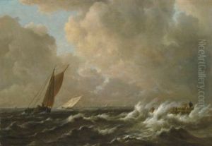 Sailing vessels in a stormy sea, with a jetty to the right