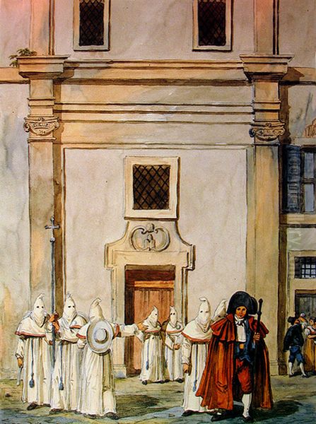 Chiesa dei Sacconi Rossi a Roma, nell'isola Tiberina, con la processione della confraternita. - view 1