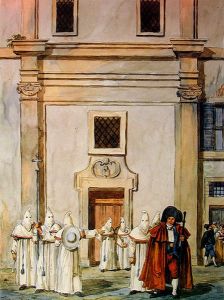 Chiesa dei Sacconi Rossi a Roma, nell'isola Tiberina, con la processione della confraternita. by Achille Pinelli