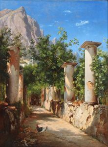Ancient columns, Italy. In the background figures at the well. Pres. from Capri. Ancient columns, Italy. In the background figures at the well. Pres. from Capri.