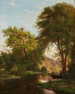 A man and a boy fishing from a boat by the bank of a stream by Carl Frederik Aagaard