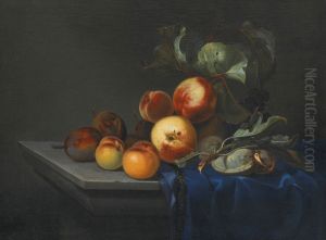 Peaches and Plums on a Partly Draped Stone Ledge by Paul Liegeois