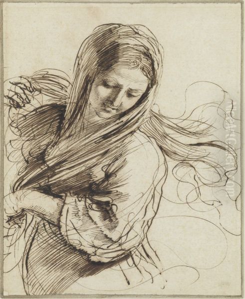A Woman, Half Length, Looking down to Right, with Flowing Hair and Drapery - view 1