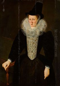 Portrait of a lady, three-quarter-length, wearing a black dress with an embroidered stomacher, a white ruff and a black hat by Marcus Gheeraerts the Younger