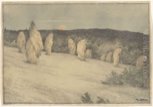 Stooks of Corn in Moon light by Theodor Kittelsen