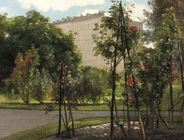 A colonnade on the edge of a park with roses in bloom. - view 1