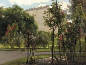 A colonnade on the edge of a park with roses in bloom.