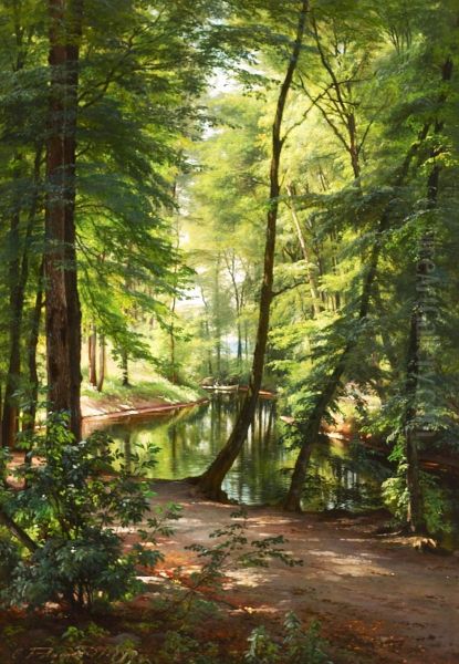 Forest scene with a stream and a man fishing from a boat. - view 1