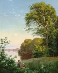 Three girls making wreaths near a lake. Three girls making wreaths near a lake.