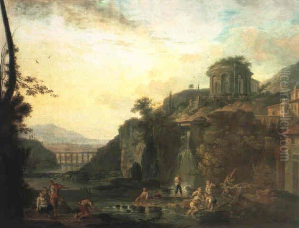 PAYSAGE ROMAIN AVEC PECHEURS ET LAVANDIERES PRES D'UNE CASCADE - view 1
