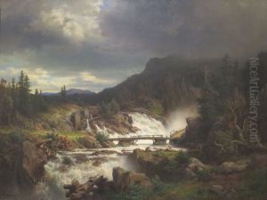 Landskap med foss by Erik Bodom
