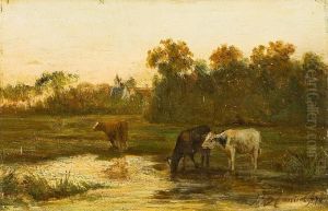 Drei Kuhe Am Wasser In Wiesenlandschaft Mit Dorfhausern by Willem Philippus Candel