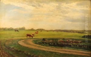 Landscape with cows and a horse on the island of AEbelo. by Carl Frederik Aagaard