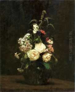 Flowers in a glass vase. by Henri Fantin-Latour