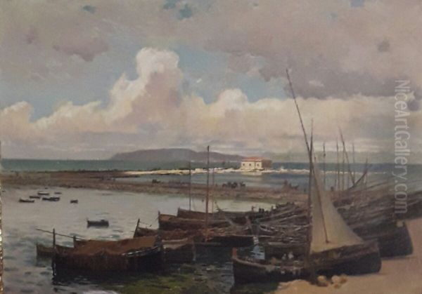 "Marina", dipinto raffigurante il porto peschereccio di Trapani, con sullo sfondo villa Nasi e Favignana - view 1