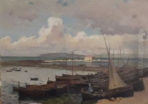 "Marina", dipinto raffigurante il porto peschereccio di Trapani, con sullo sfondo villa Nasi e Favignana