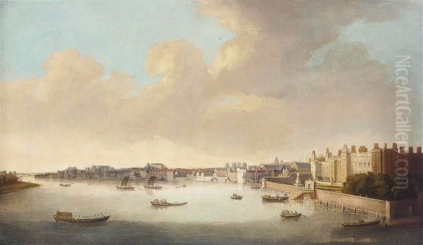 A view of London and the Thames, looking west, with the York Steps, Footstool Church and Westminster Hall - view 1