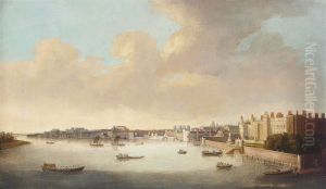 A view of London and the Thames, looking west, with the York Steps, Footstool Church and Westminster Hall