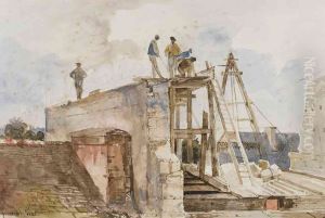 Travaux de construction sur un toit, vue d'une fenetre by Francois Marius Granet