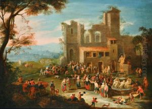 Travellers Merrymaking Outside a Country Inn, a Riverside Town beyond