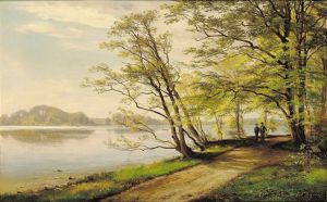 Spadserende ved sobredden en forarsdag. by Carl Frederik Aagaard