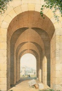 People at a city gate in the mountains. by Vilhelm Pacht