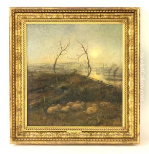 Strayed, Winter moonlight scene with sheep and trees by Cecil Gordon Lawson