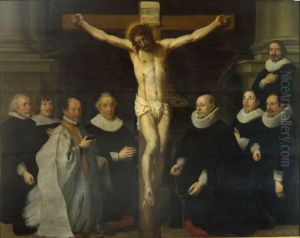 Christ on the cross surrounded by a priest, possibly Jan Mijtens, and provosts of the Grote Begijnhof in Brussel