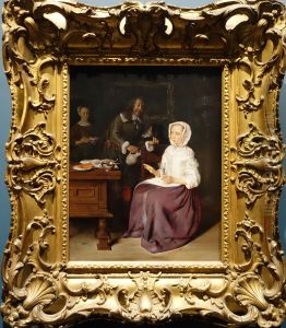 Man with a jug offering wine to a woman holding a glass by Gabriel Metsu