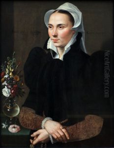 Portrait of a 27-year-old woman with a bunch of flowers by Adriaen Thomasz. Key