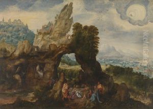 Berglandschap met de prediking van Johannes de Doper by Herri met de Bles