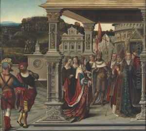 Volet gauche du retable de la confrerie de la Sainte-Croix a Furnes. Avers : Sainte Helene devant le pape a Rome. Revers : Le Christ succombant sous la croix by Orley, Bernard van