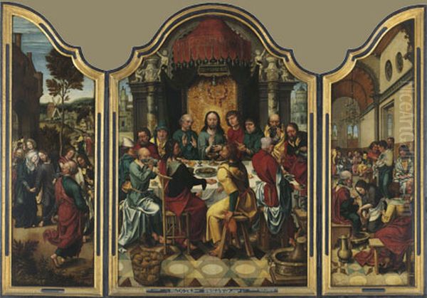 Drieluik met het Laatste Avondmaal (middenpaneel); het afscheid van Christus en Maria (linkerluik); de voetwassing (rechterluik) - view 1